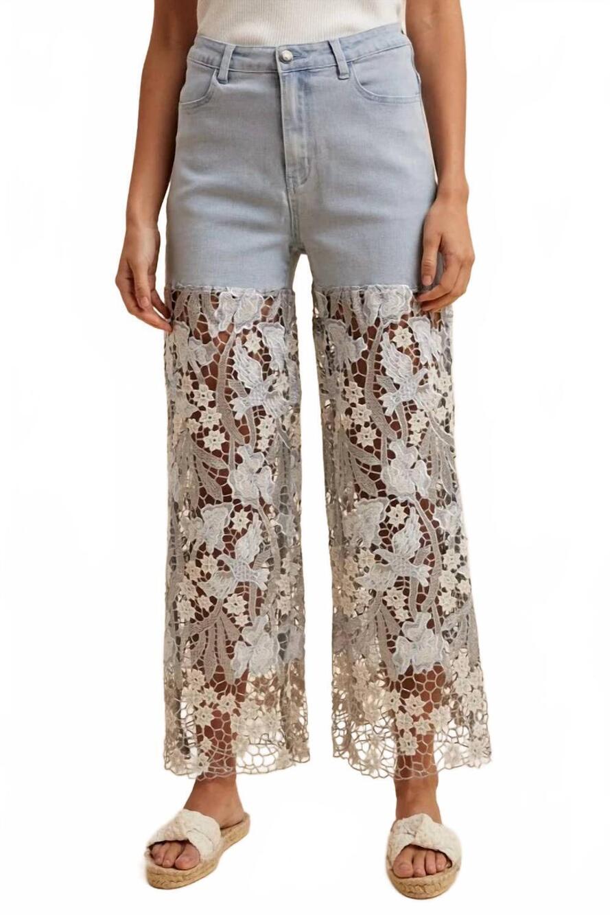 NEW WHIMSICAL MIMSY coastal lace flare denim jeans in blue